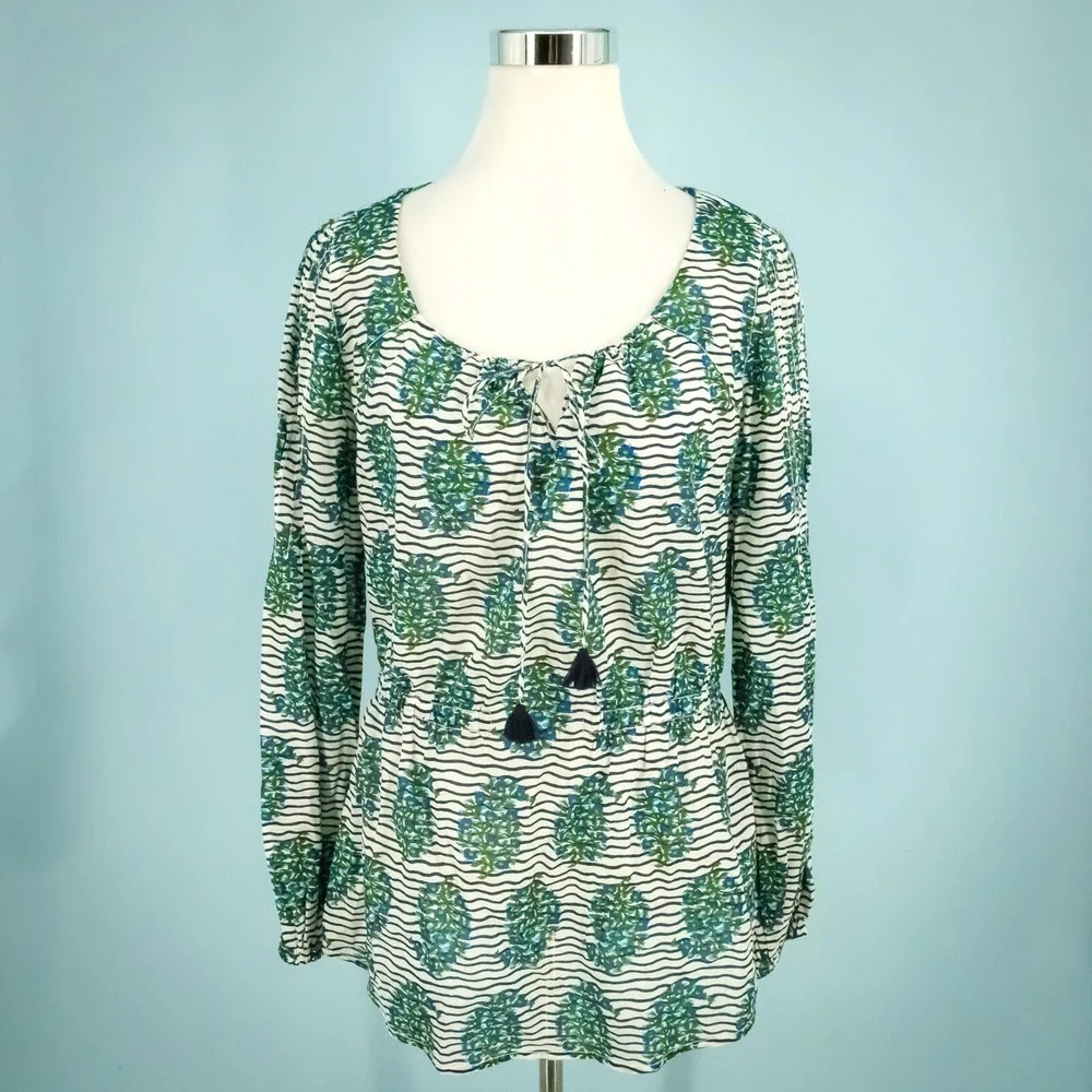Tory Burch Size 8 Evelina Cotton Voile Stripe Floral Print Scoop Tie Cotton Top